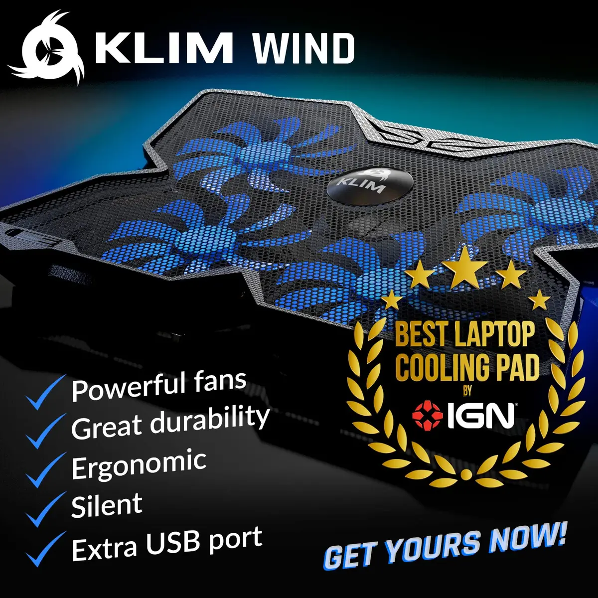 KLIM Wind Laptop Cooling Pad Blue with 4 Fans | 40.8cm (16 inch) Compatible, USB Powered, 1200 RPM - view 2