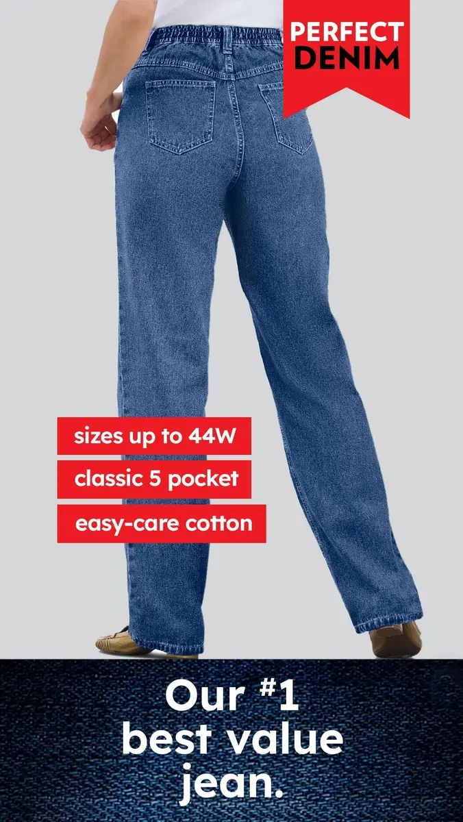 Woman Within Perfect Back-Elastic Gap-Free Straight-Leg Cotton Jeans Indigo | Classic Fit & Comfort - view 5