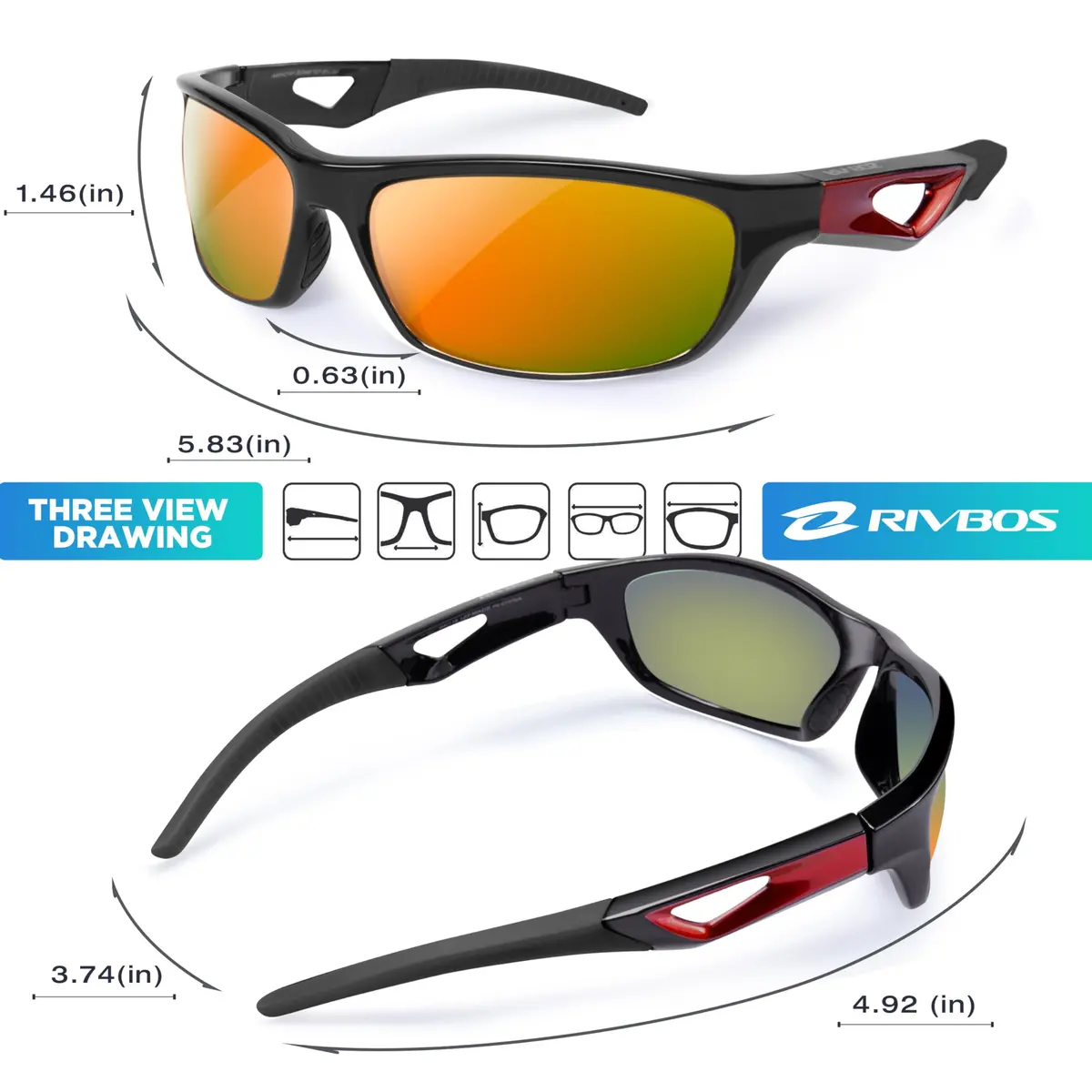 RIVBOS Polarized Sports Sunglasses UV400 for Driving Cycling Fishing RB831 | Unisex Wraparound UV Protection - view 3