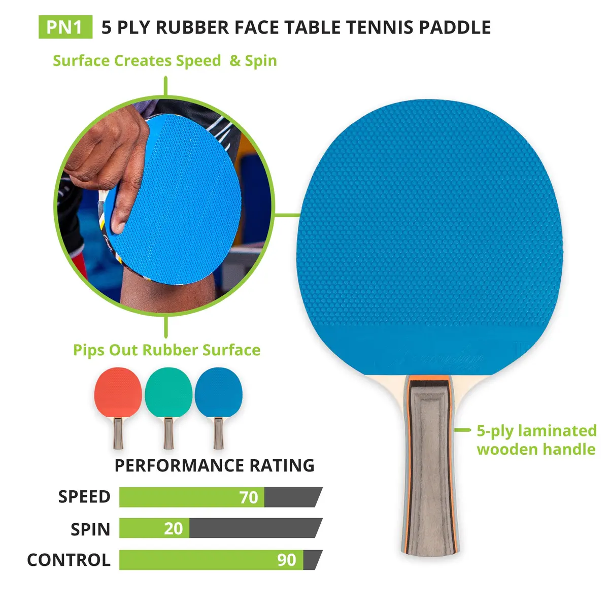 Champion Sports Table Tennis Paddle, Assorted Colors | 5 Ply Rubber Face, Straight Handle, Assorted Colors - view 5