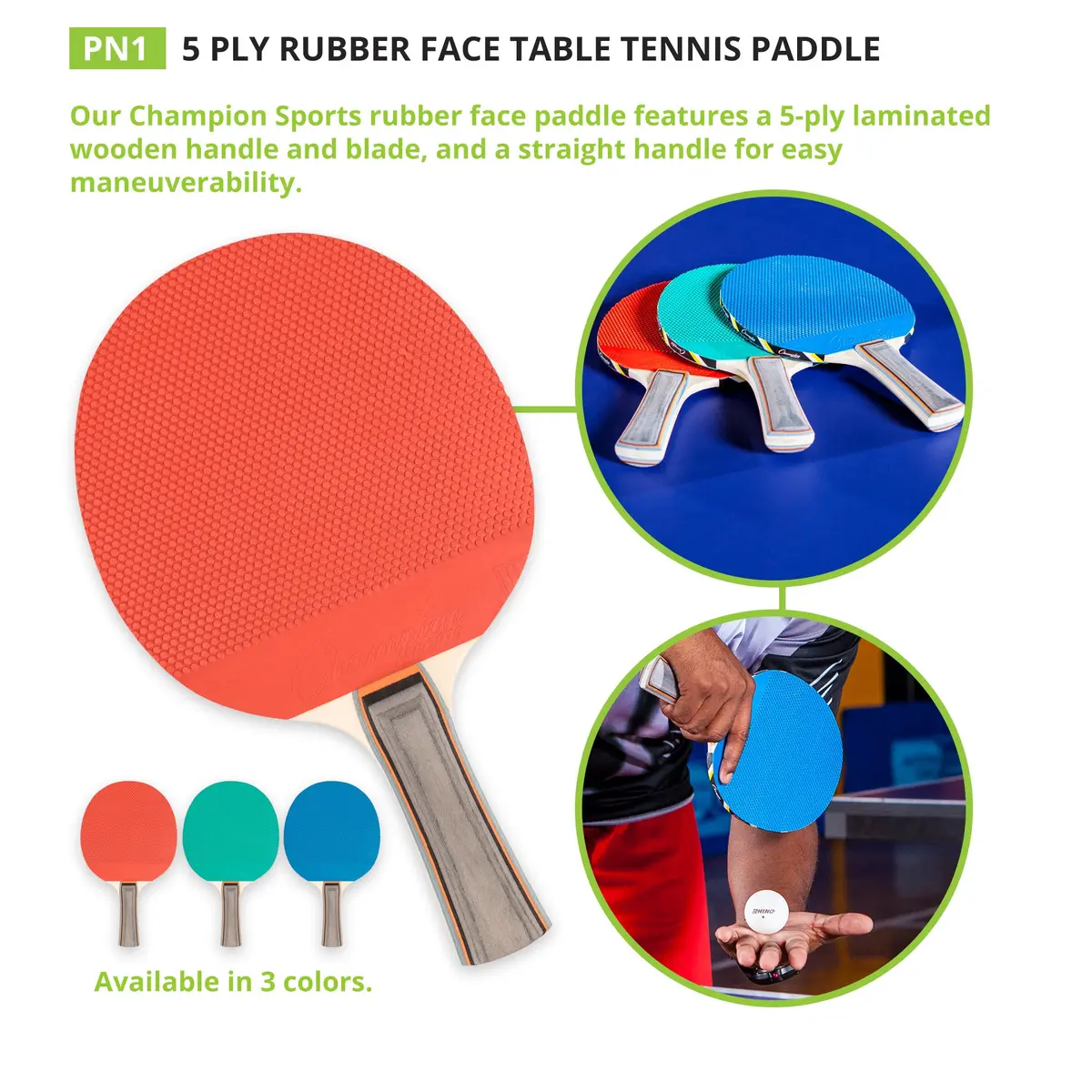 Champion Sports Table Tennis Paddle, Assorted Colors | 5 Ply Rubber Face, Straight Handle, Assorted Colors - view 6