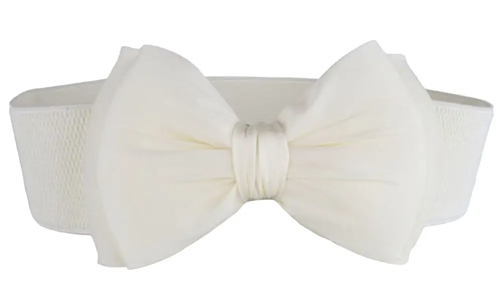 SportsWell Women's Fashionable Bowknot Wide Belt 1 inch | Stretch Cinch Dress Waistband White - view 2