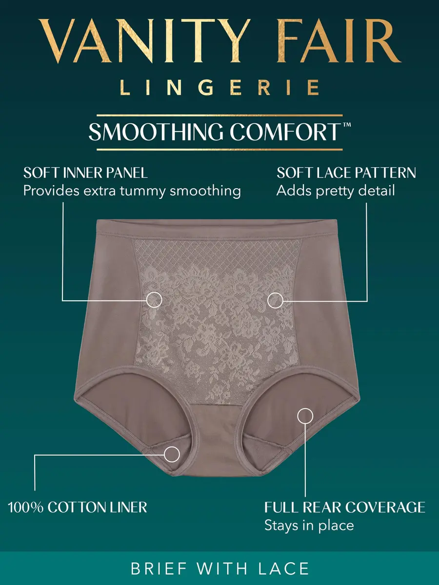 Vanity Fair Smoothing Comfort Brief Panties with Rear Lift, 7, Black Lace | Tummy Smoothing & Lifted Fit (100-120 chars) - view 3