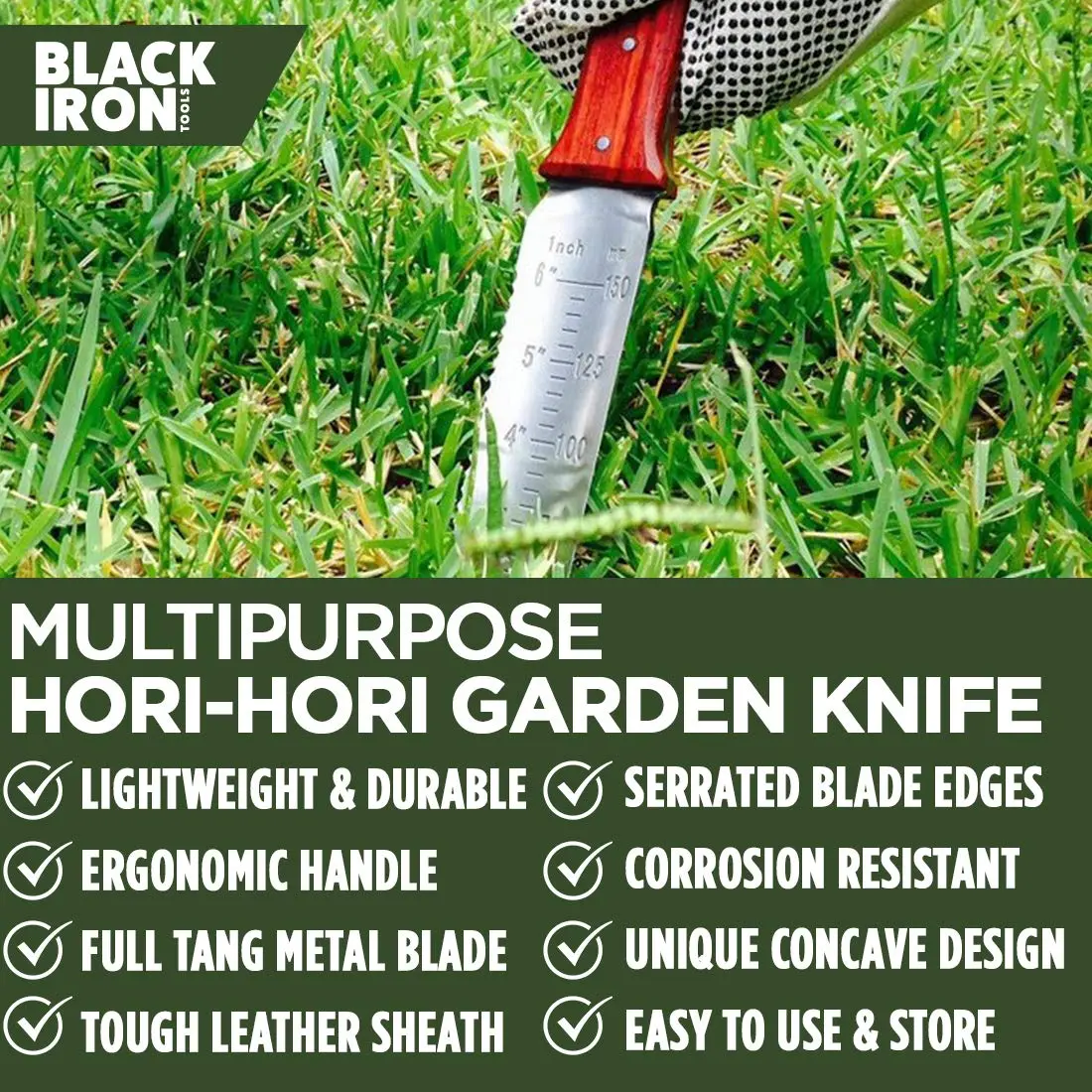 Black Iron Hori Hori Garden Knife 7 Inches | Durable Japanese Stainless Steel Gardening Tool - view 3