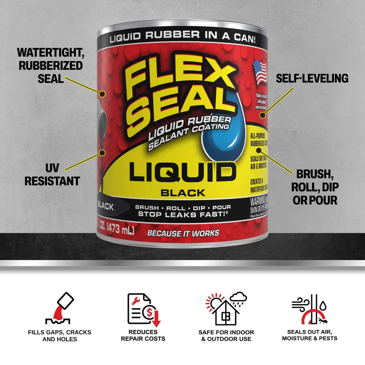Flex Seal Liquid Rubber Sealant Coating Black 473ml (16 oz) | Waterproof, UV Resistant, Stops Leaks Fast - view 2