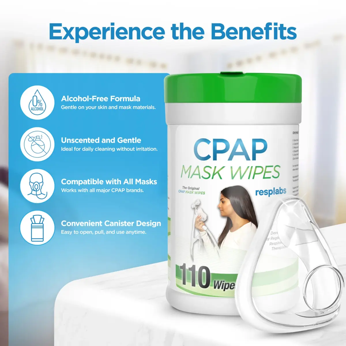 RespLabs CPAP Mask Wipes Unscented 110 Count | Gentle & Effective CPAP Cleaning for Full Face & Nasal Masks - view 2