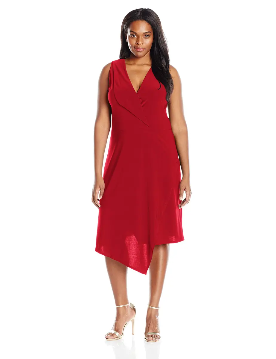 Star Vixen Plus-Size Sleeveless Asymmetrical Dress with Fold Over Collar, Red, 2X | Elegant Summer Dress for Women - main product image