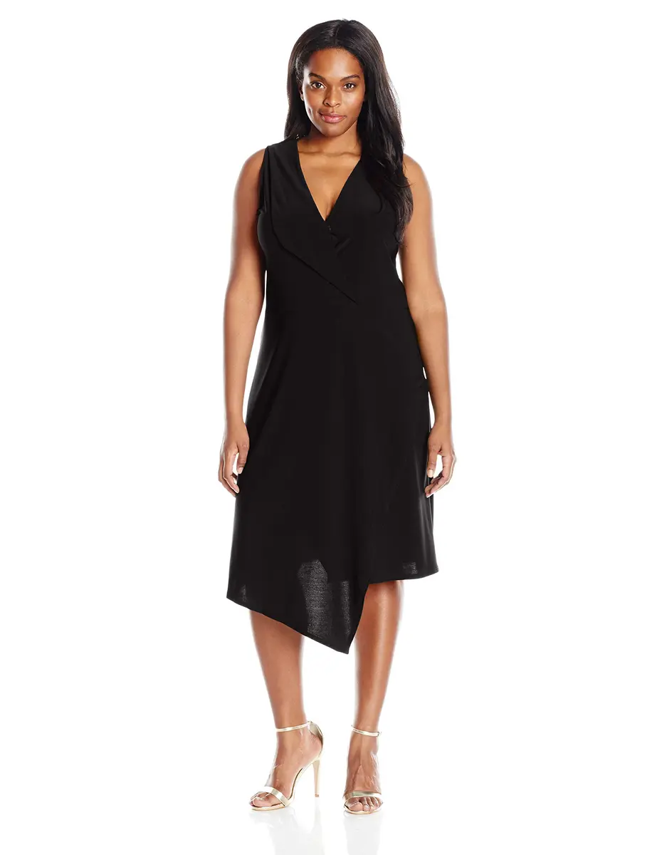 Star Vixen Plus-Size Sleeveless Asymmetrical Dress with Fold Over Collar, Black, 1X | Elegant Summer Dress for Women - main product image