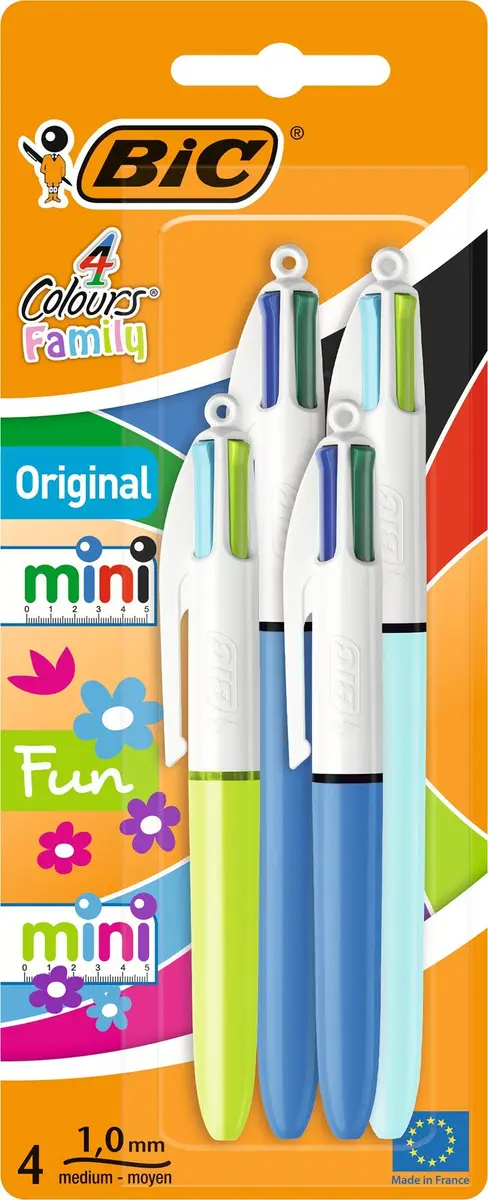 BIC 4 Colours Family Pen Pack of Retractable Ballpoint Pens with Four Ink Colours, Set of 4 (2 Mini, 2 Original) | Multi-Colour, Medium 1.0 mm - main product image