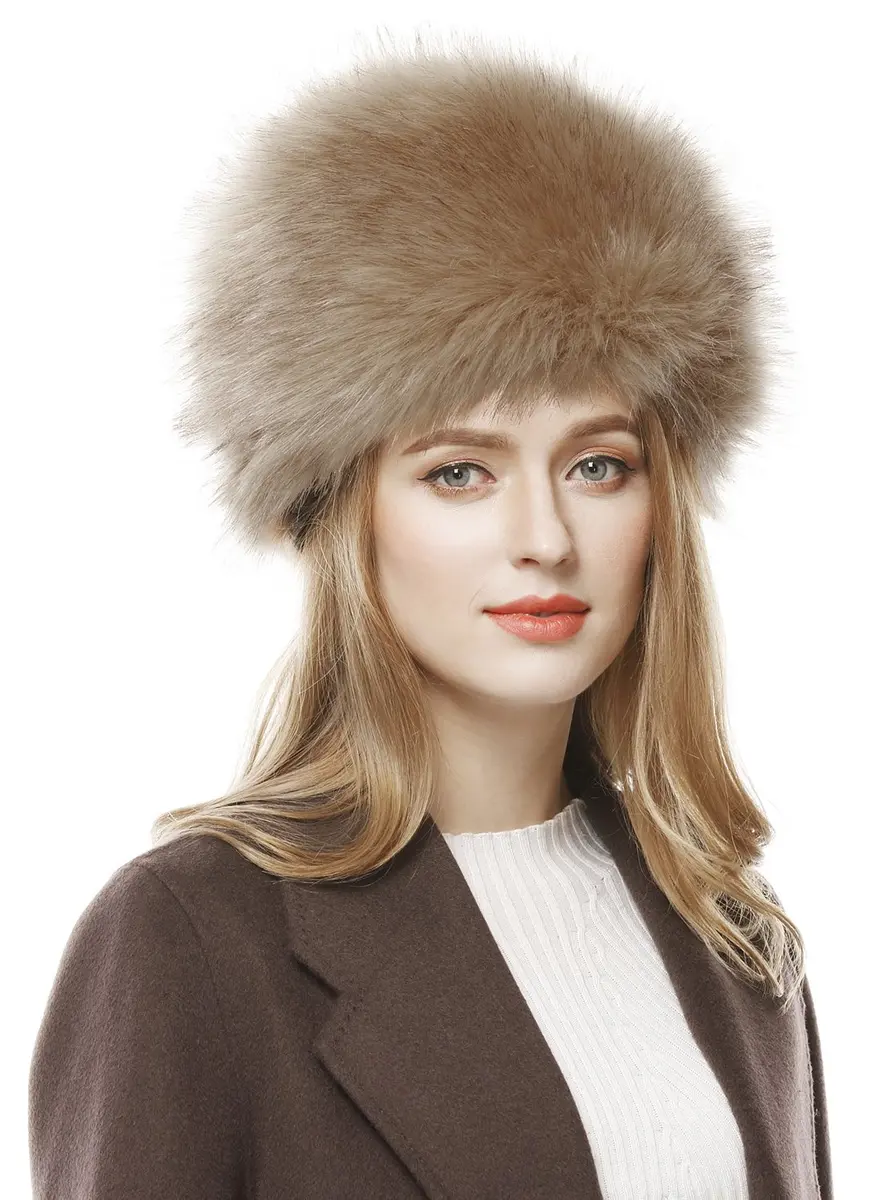 Lovful Winter Women Faux Fur Russian Cossack Style Hat Kahki | Warm, Stylish & Elastic Fit - main product image