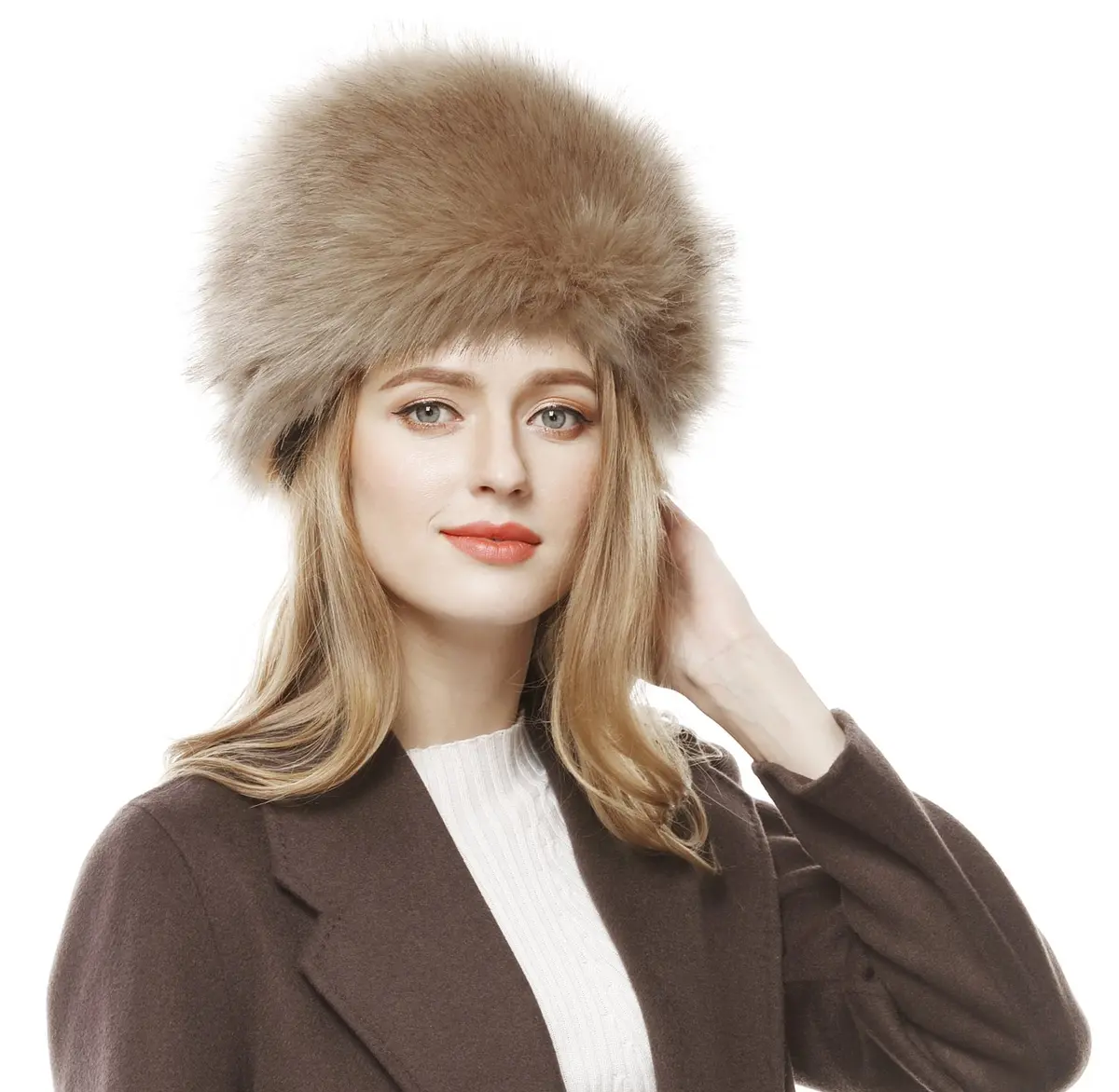 Lovful Winter Women Faux Fur Russian Cossack Style Hat Kahki | Warm, Stylish & Elastic Fit - view 5