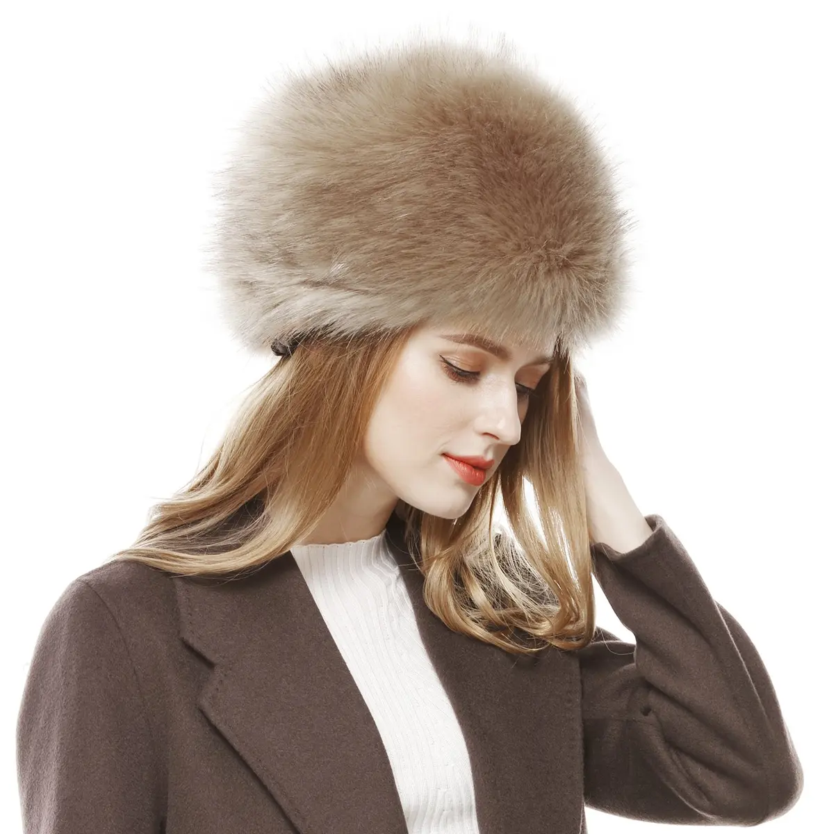 Lovful Winter Women Faux Fur Russian Cossack Style Hat Kahki | Warm, Stylish & Elastic Fit - view 2