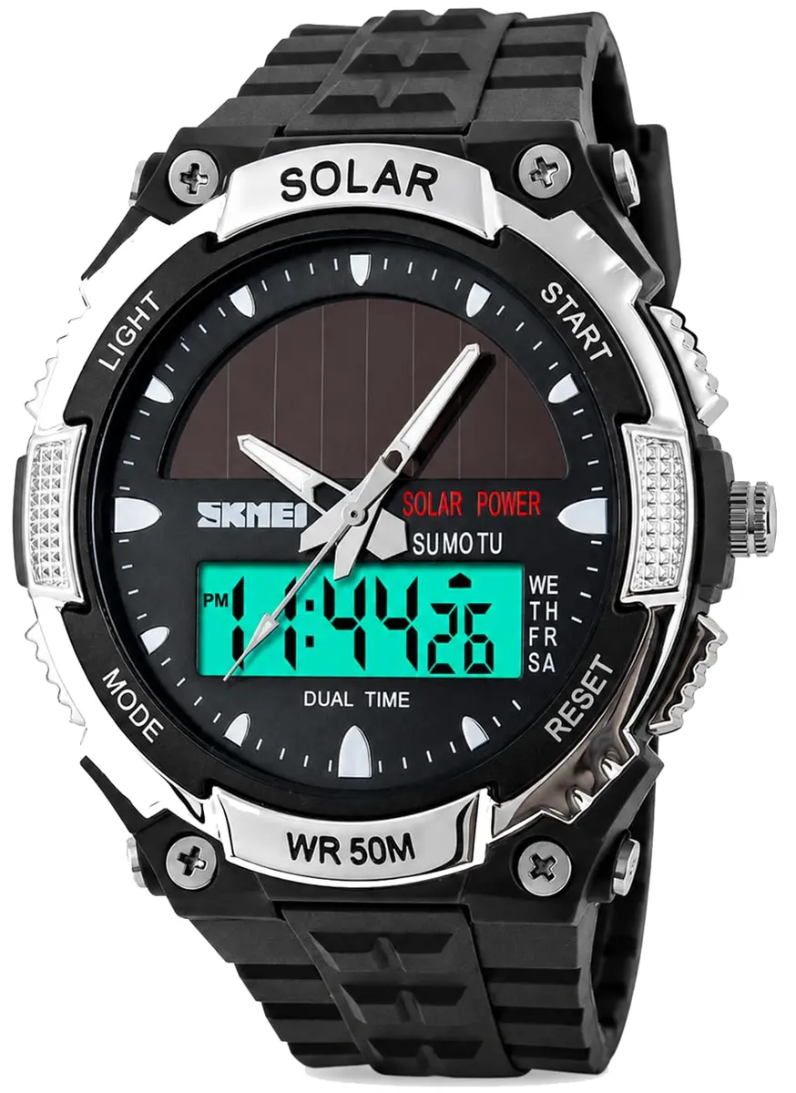 MASTOP Solar Powered Analog-Digital Watch 50mm (1.97 inches) | Dual Time Zone, 50M Waterproof, LED Backlight - main product image
