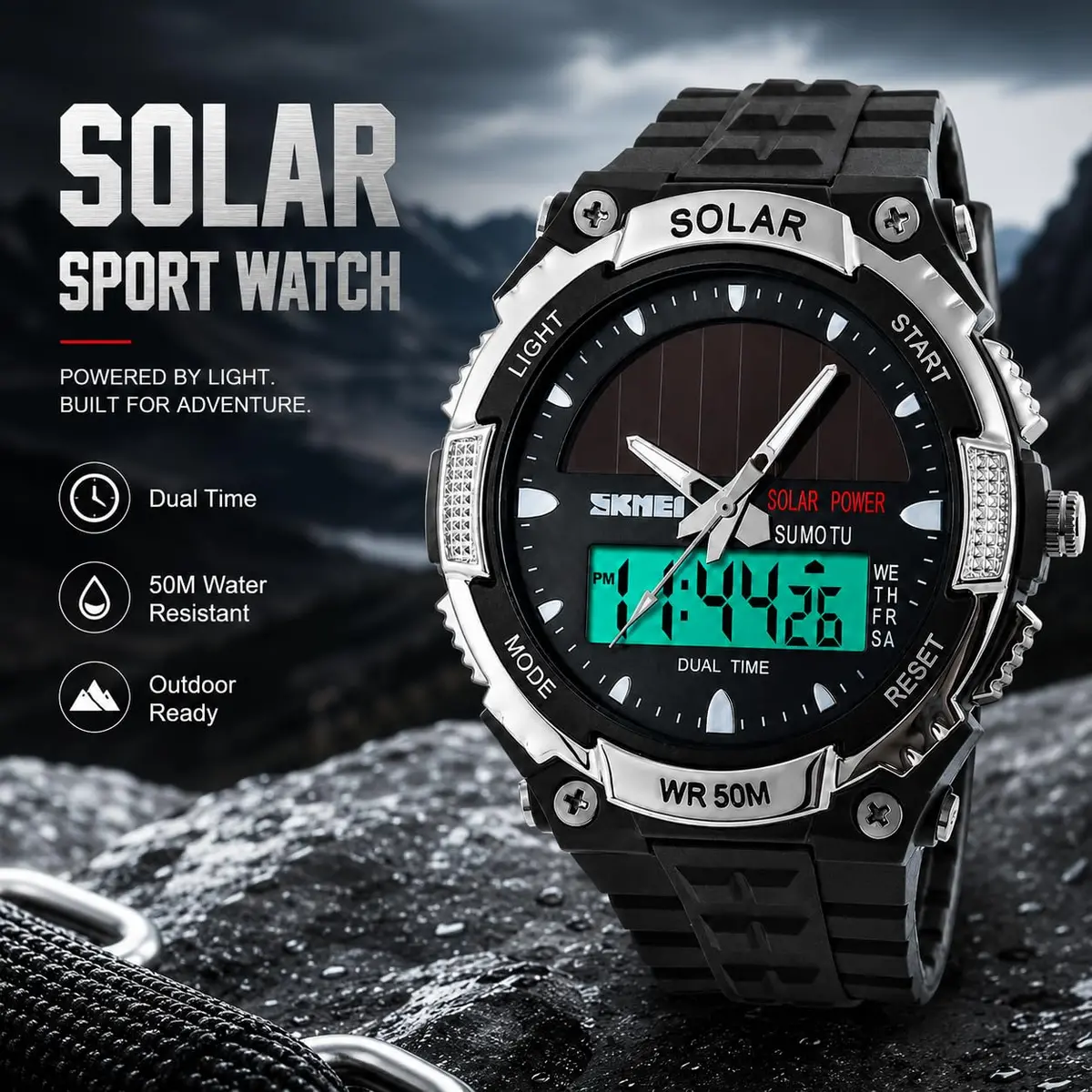 MASTOP Solar Powered Analog-Digital Watch 50mm (1.97 inches) | Dual Time Zone, 50M Waterproof, LED Backlight - view 5