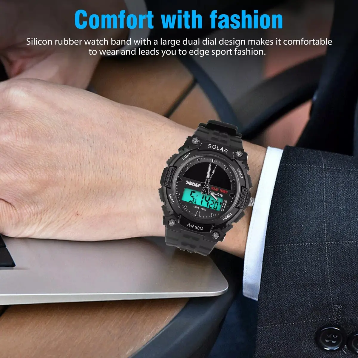 MASTOP Solar Powered Analog-Digital Watch 50mm (1.97 inches) | Dual Time Zone, 50M Waterproof, LED Backlight - view 6