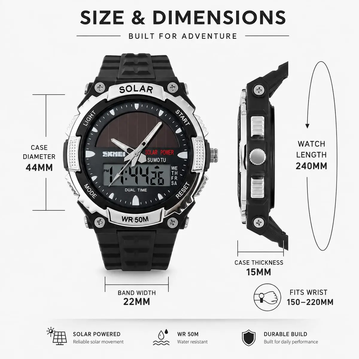 MASTOP Solar Powered Analog-Digital Watch 50mm (1.97 inches) | Dual Time Zone, 50M Waterproof, LED Backlight - view 7