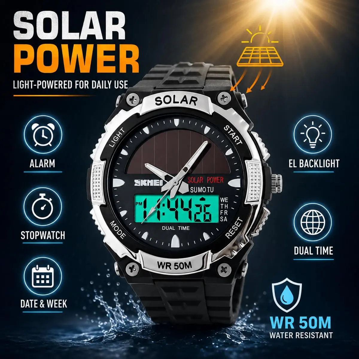 MASTOP Solar Powered Analog-Digital Watch 50mm (1.97 inches) | Dual Time Zone, 50M Waterproof, LED Backlight - view 2