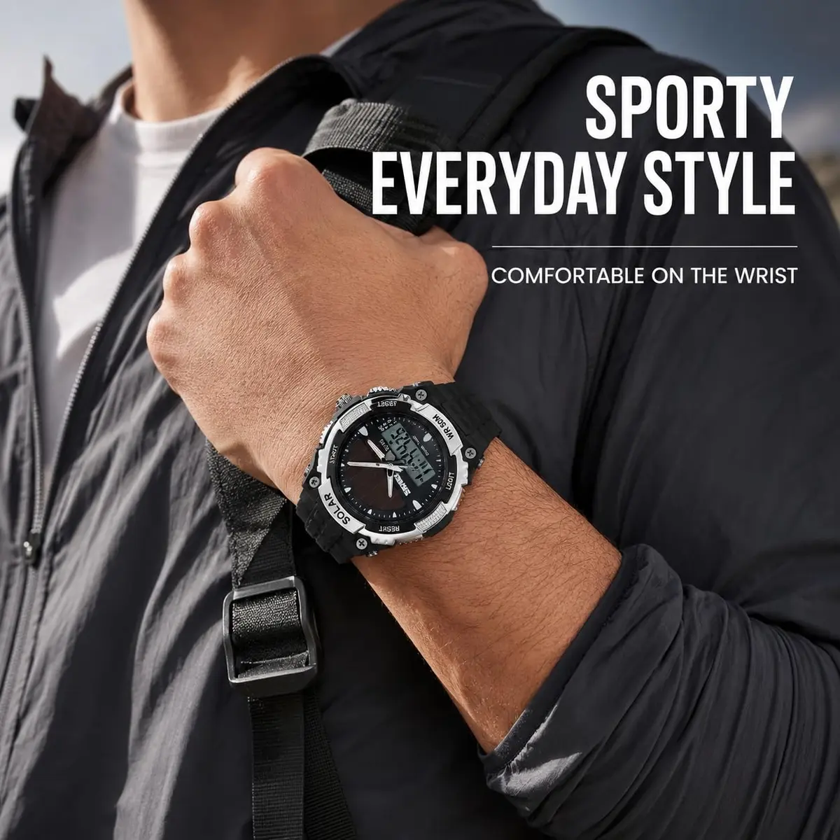 MASTOP Solar Powered Analog-Digital Watch 50mm (1.97 inches) | Dual Time Zone, 50M Waterproof, LED Backlight - view 3