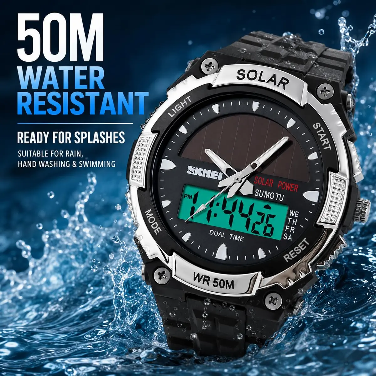 MASTOP Solar Powered Analog-Digital Watch 50mm (1.97 inches) | Dual Time Zone, 50M Waterproof, LED Backlight - view 4