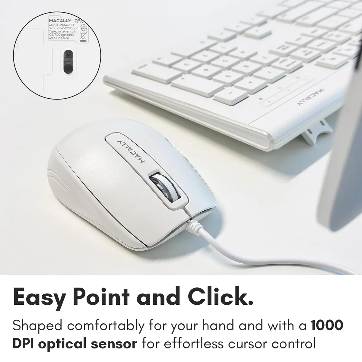 Macally 104 Key USB Wired Keyboard and Mouse Combo with Apple Shortcut Keys for Mac, iMac, MacBook, and Windows PC (White) | Quiet, Responsive, Apple-like Feel - view 6