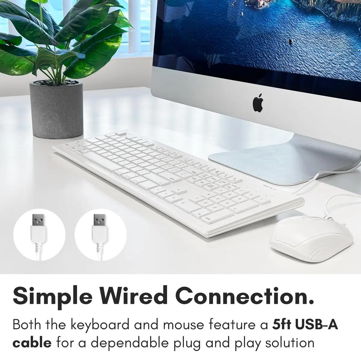 Macally 104 Key USB Wired Keyboard and Mouse Combo with Apple Shortcut Keys for Mac, iMac, MacBook, and Windows PC (White) | Quiet, Responsive, Apple-like Feel - view 3