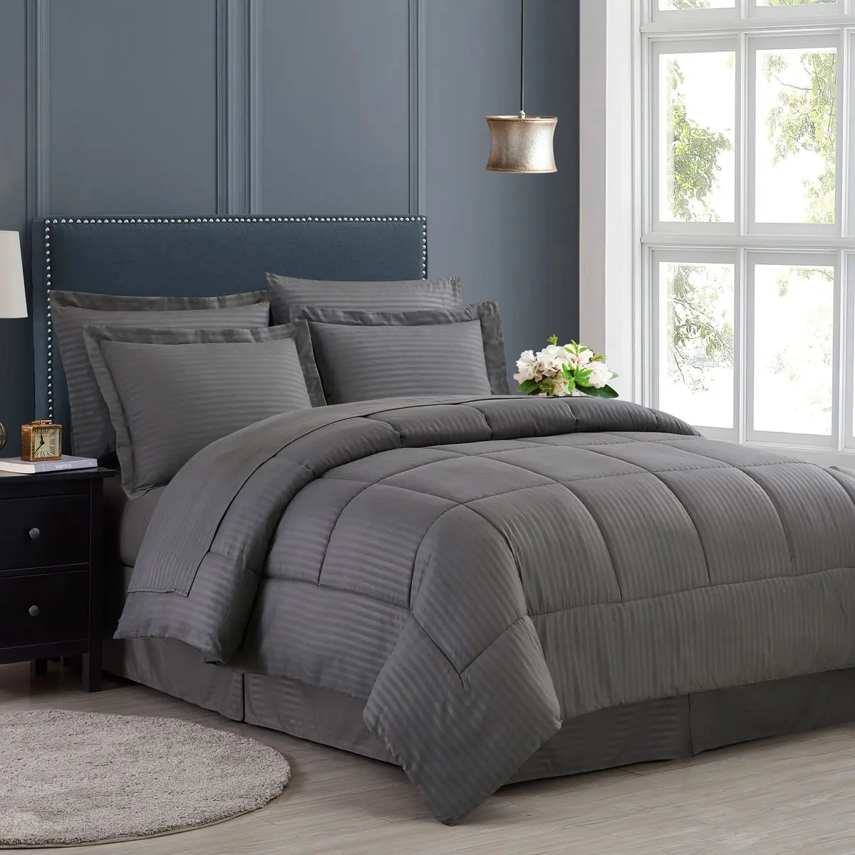 Sweet Home Collection Queen Comforter Set 8 Piece Bed in a Bag with Bed Skirt, Fitted Sheet, Flat Sheet, 2 Pillowcases, 2 Pillow Shams, Dobby Gray - main product image