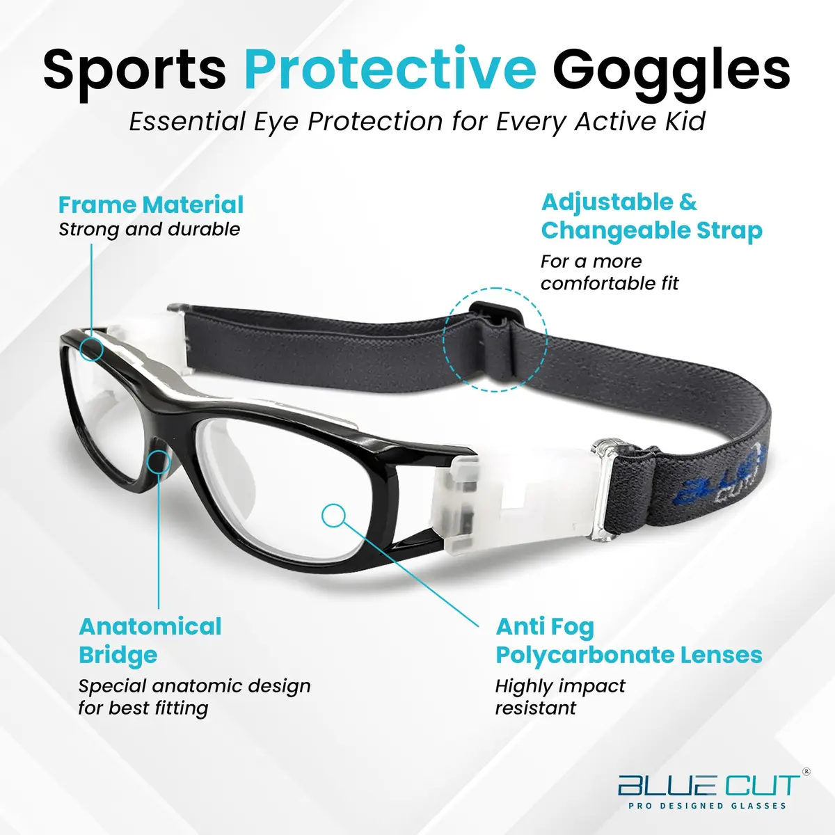 BLUE CUT Safety Basketball Goggles for Kids | Anti-Fog, Adjustable Strap, Durable Plastic Frame - view 5