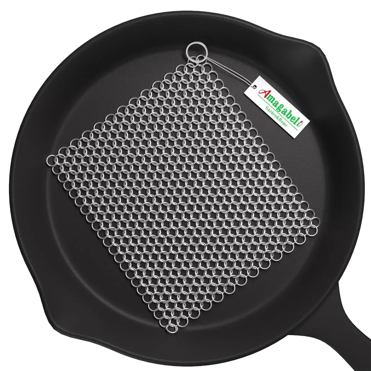 Amagabeli Cast Iron Cleaner 20cm x 15cm (8"x6") | Premium Stainless Steel Chainmail Scrubber for Pans, Pots, Woks, Griddles - main product image