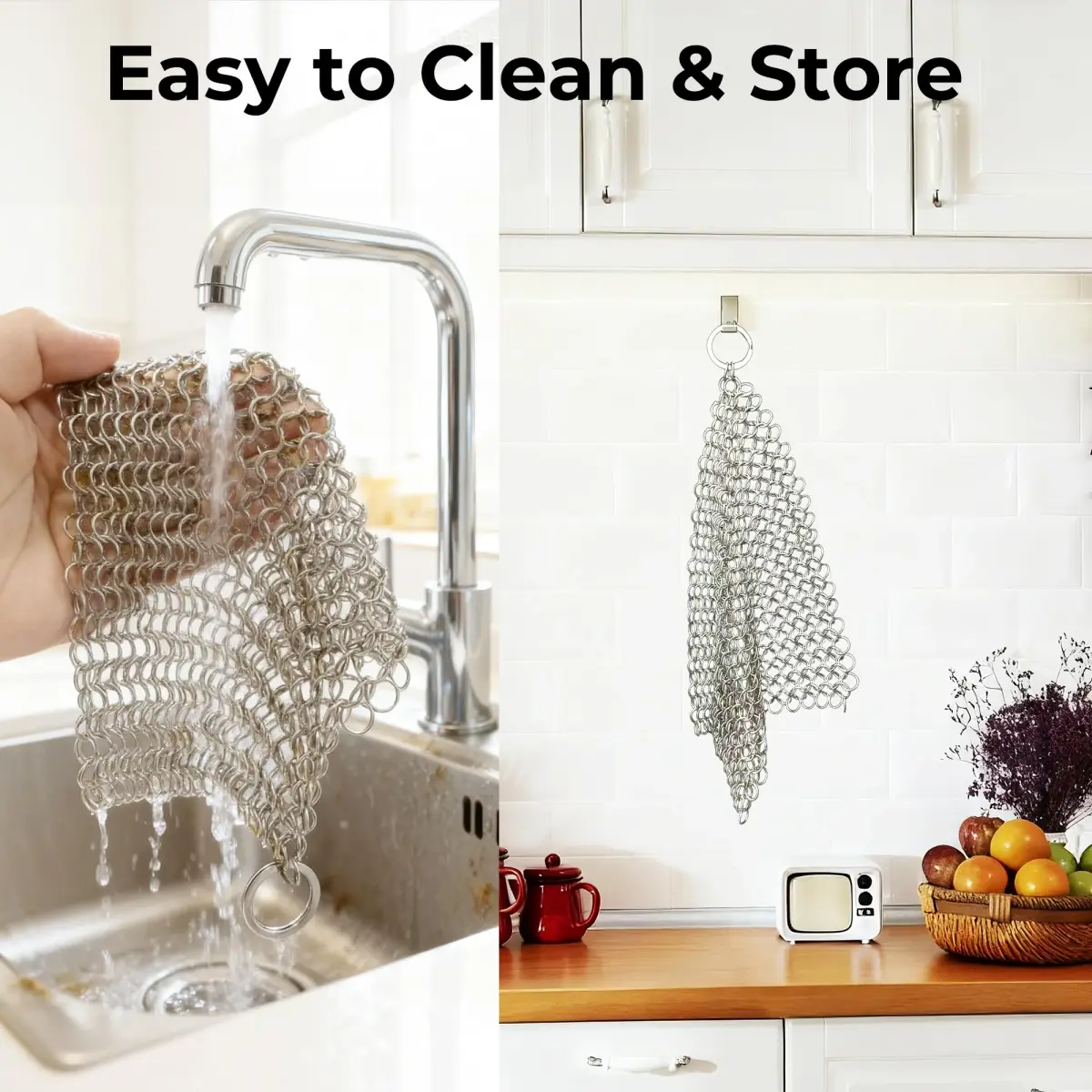 Amagabeli Cast Iron Cleaner 20cm x 15cm (8"x6") | Premium Stainless Steel Chainmail Scrubber for Pans, Pots, Woks, Griddles - view 8