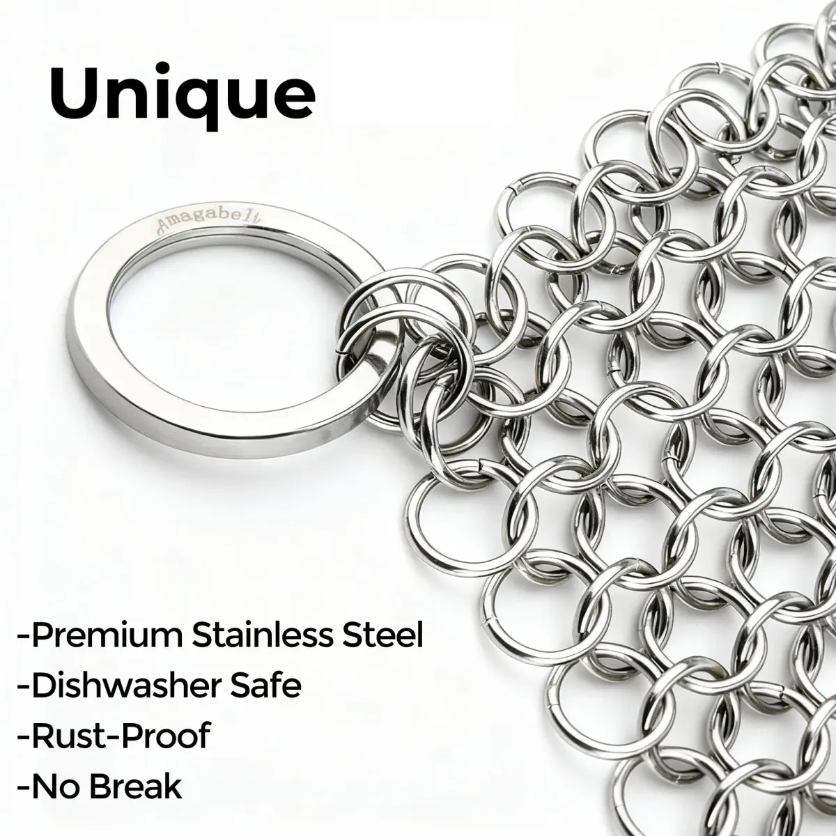 Amagabeli Cast Iron Cleaner 20cm x 15cm (8"x6") | Premium Stainless Steel Chainmail Scrubber for Pans, Pots, Woks, Griddles - view 2