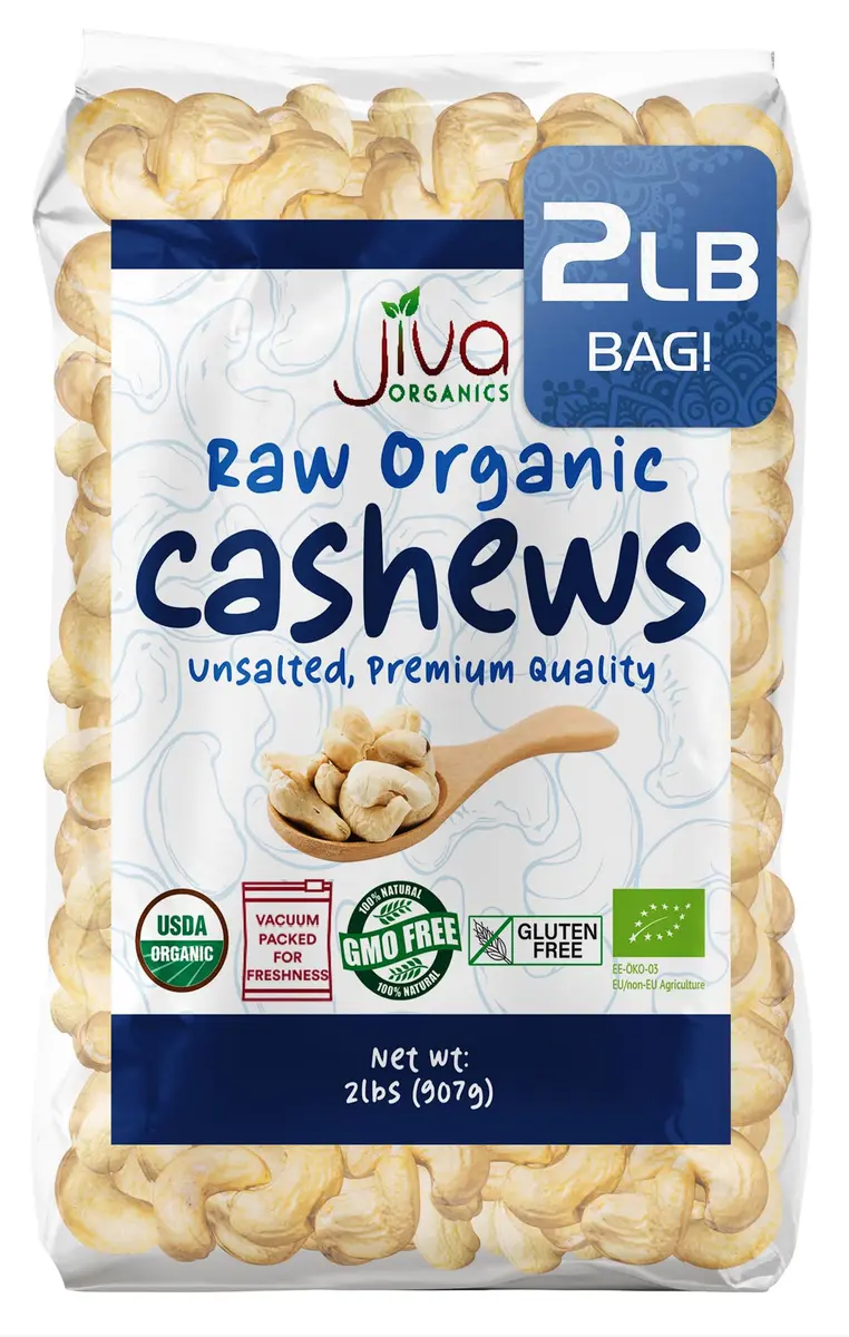 Jiva Organics Organic Raw Cashews 2 LB Bag | Gluten-Free, Vegan, Whole Nuts - main product image
