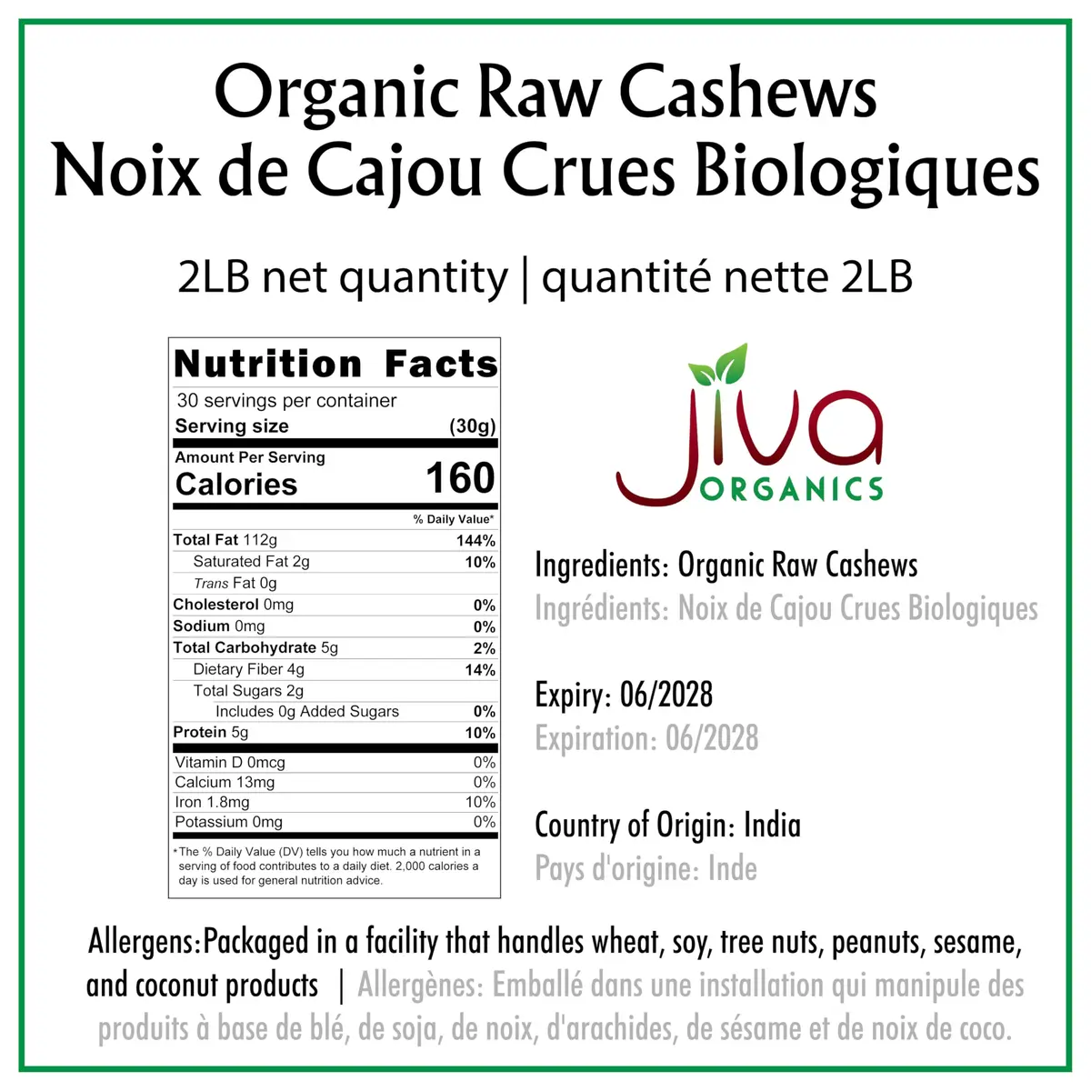 Jiva Organics Organic Raw Cashews 2 LB Bag | Gluten-Free, Vegan, Whole Nuts - view 3