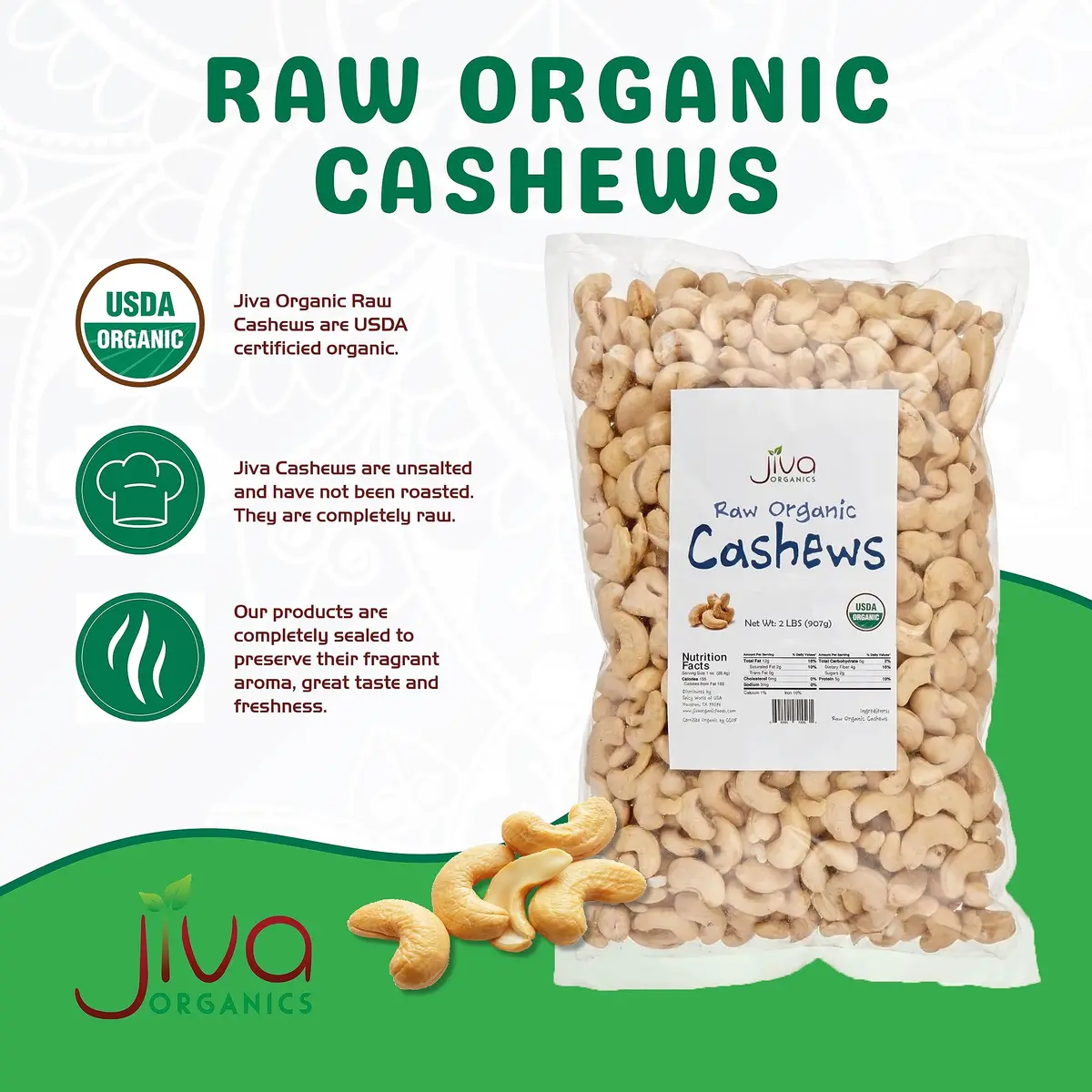 Jiva Organics Organic Raw Cashews 2 LB Bag | Gluten-Free, Vegan, Whole Nuts - view 4