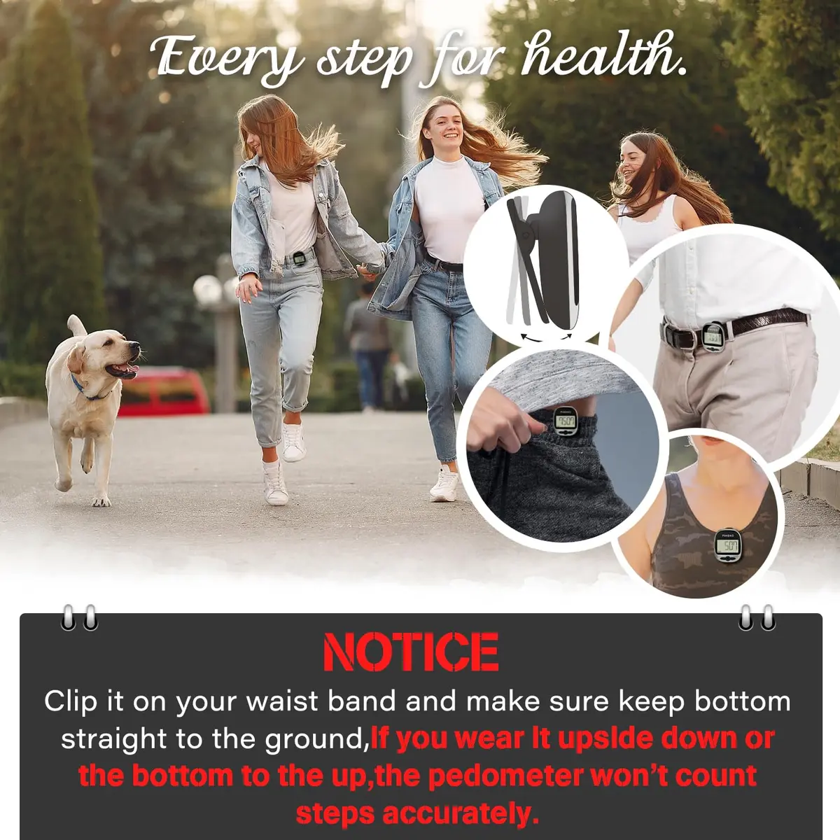 PINGKO Portable Pedometer Step Counter Tracker with Tri-Axis Sensor, Black | Tracks Steps, Distance, Calories - view 5