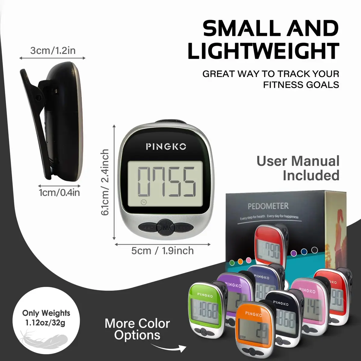 PINGKO Portable Pedometer Step Counter Tracker with Tri-Axis Sensor, Black | Tracks Steps, Distance, Calories - view 6