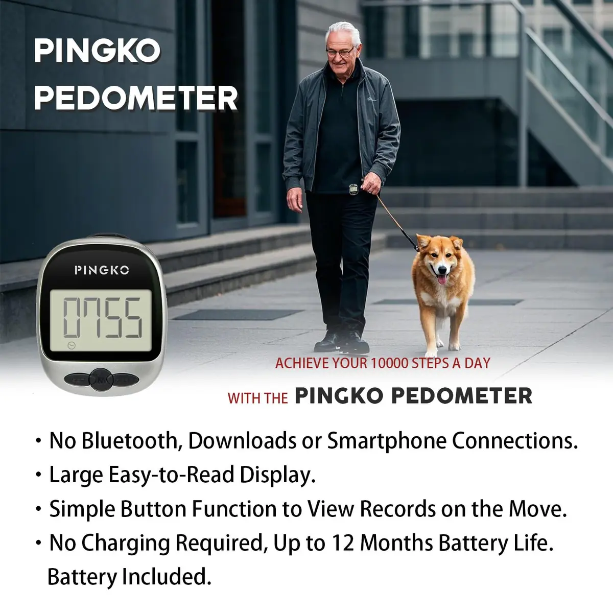 PINGKO Portable Pedometer Step Counter Tracker with Tri-Axis Sensor, Black | Tracks Steps, Distance, Calories - view 8
