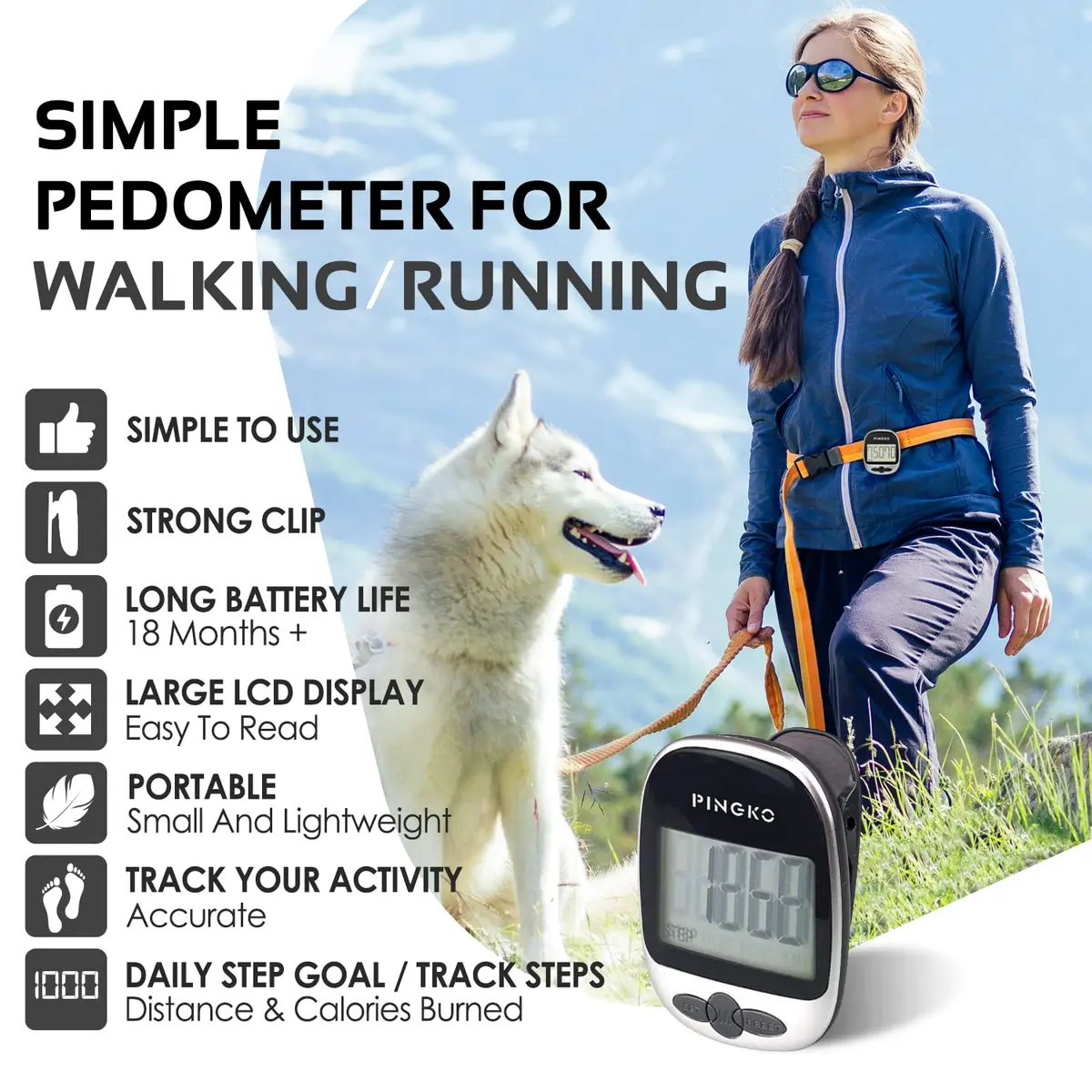 PINGKO Portable Pedometer Step Counter Tracker with Tri-Axis Sensor, Black | Tracks Steps, Distance, Calories - view 2