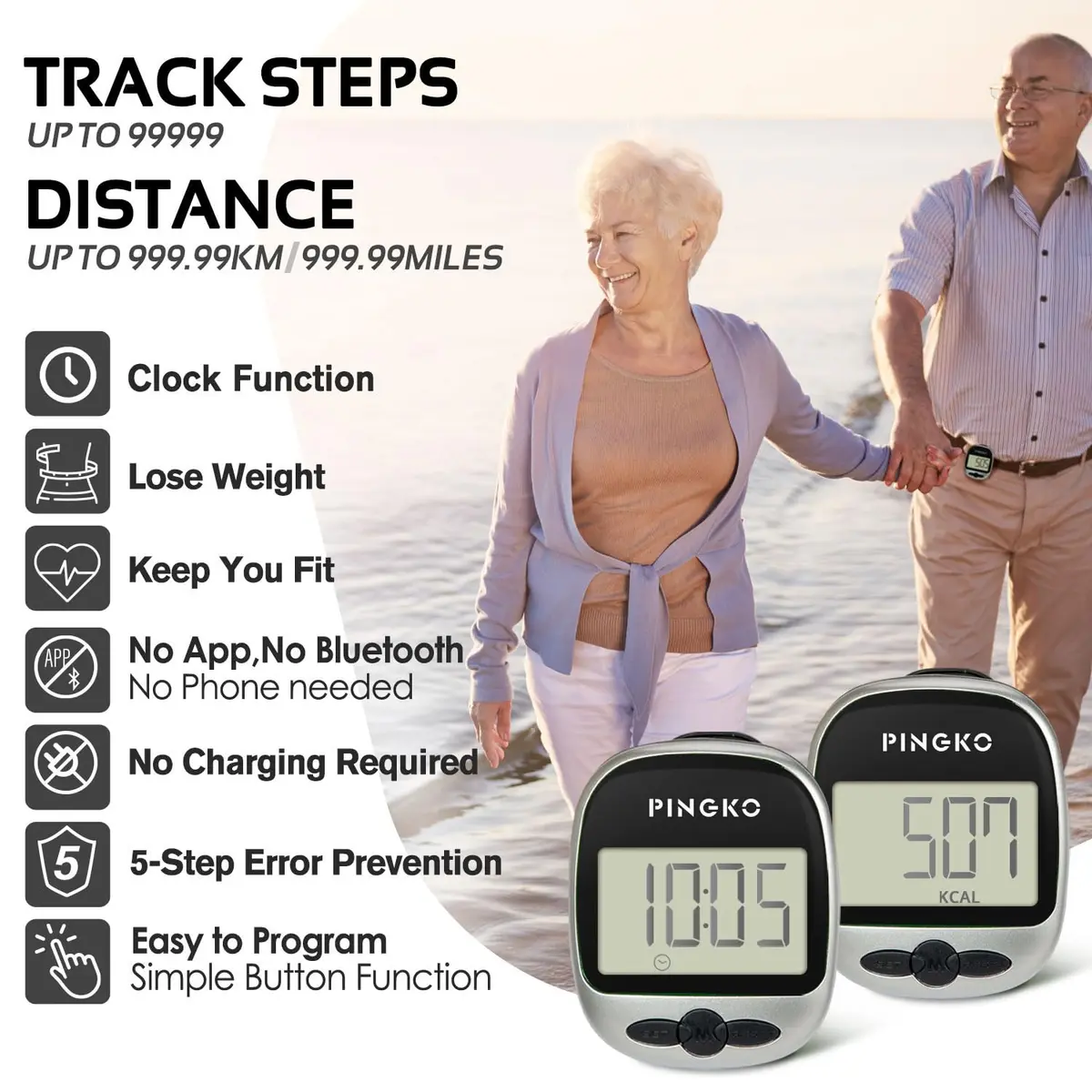 PINGKO Portable Pedometer Step Counter Tracker with Tri-Axis Sensor, Black | Tracks Steps, Distance, Calories - view 3