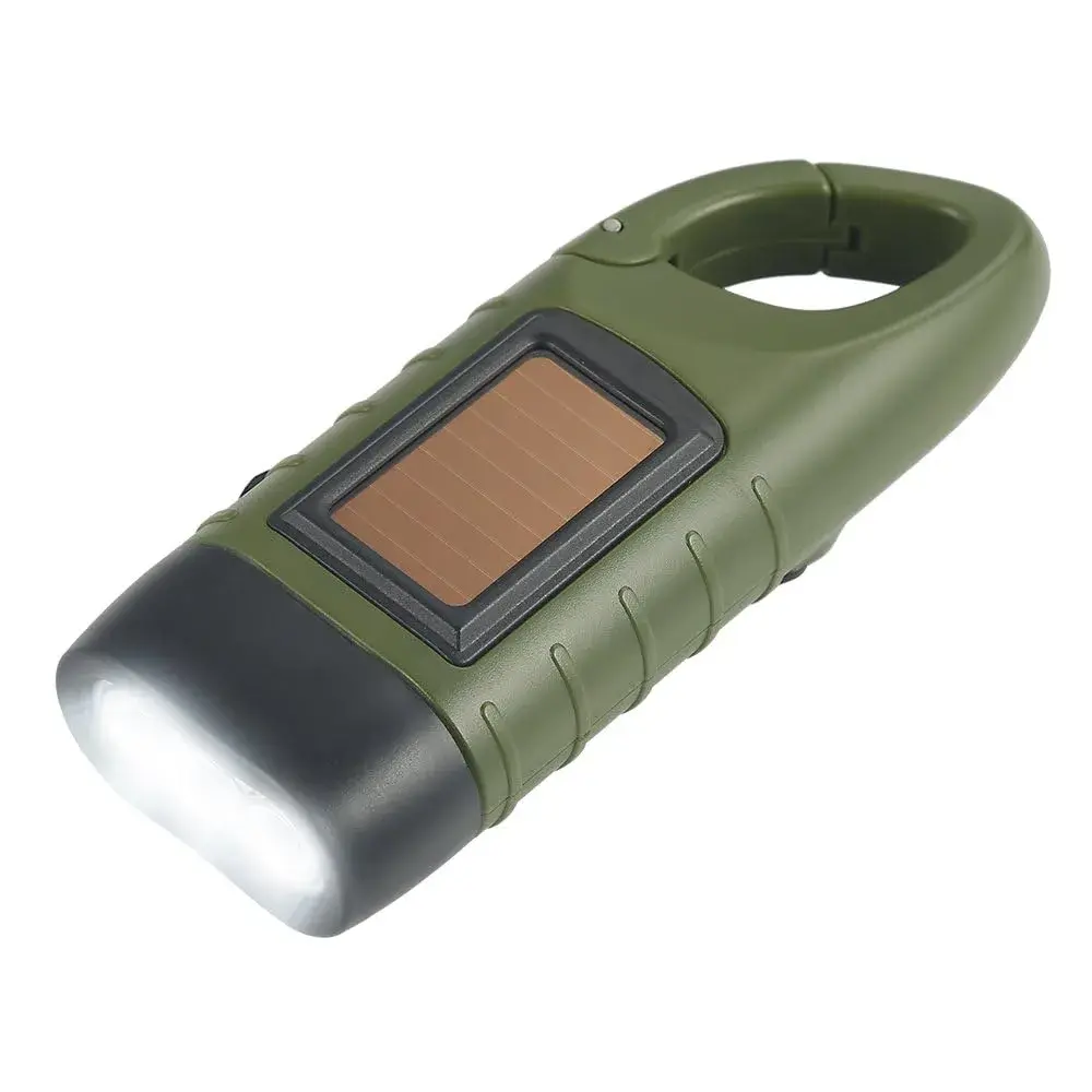 Simpeak Hand Crank Solar Flashlight Green | Emergency LED Dynamo Torch with Carabiner Clip - main product image