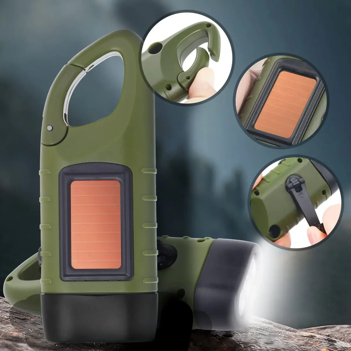 Simpeak Hand Crank Solar Flashlight Green | Emergency LED Dynamo Torch with Carabiner Clip - view 6
