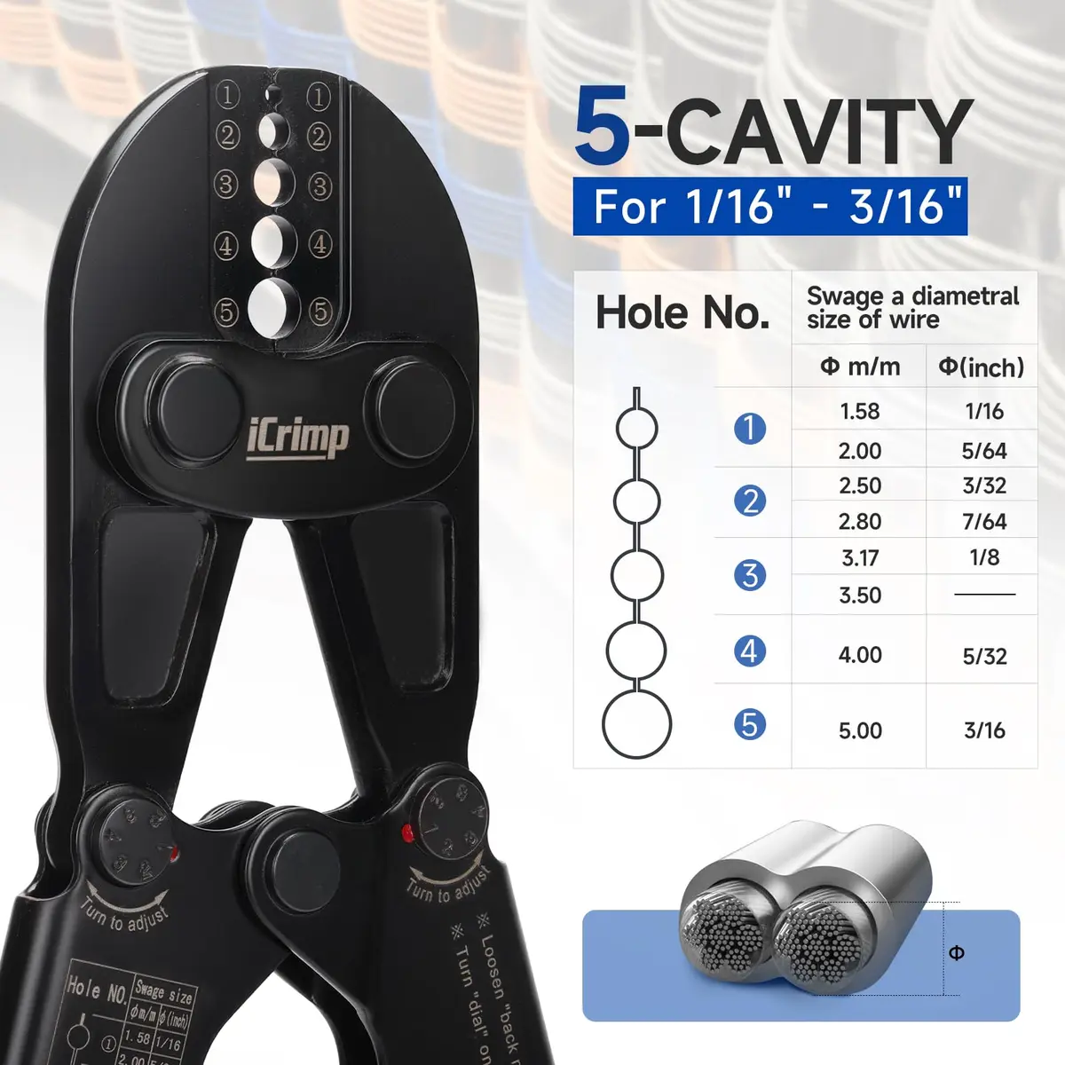 IWISS IWS-1608B Wire Rope Crimper 1/16" to 3/16" (2.35 kg) | Heavy Duty Steel Cable Swaging Tool - view 3