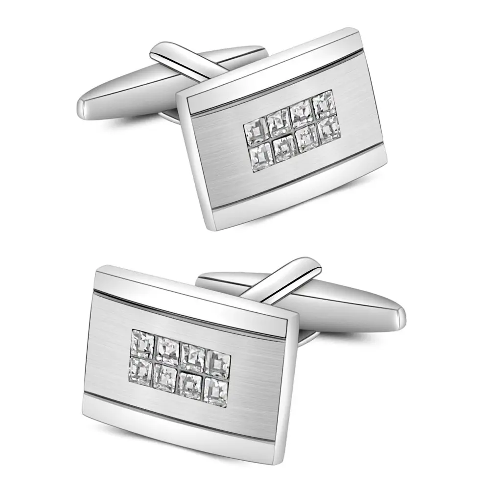 Mr.Van Rhodium-Plated Brass Cufflinks 0.70x0.48 Inch Rectangle with 8 Simulated Diamonds | Elegant Formal Accessory - main product image