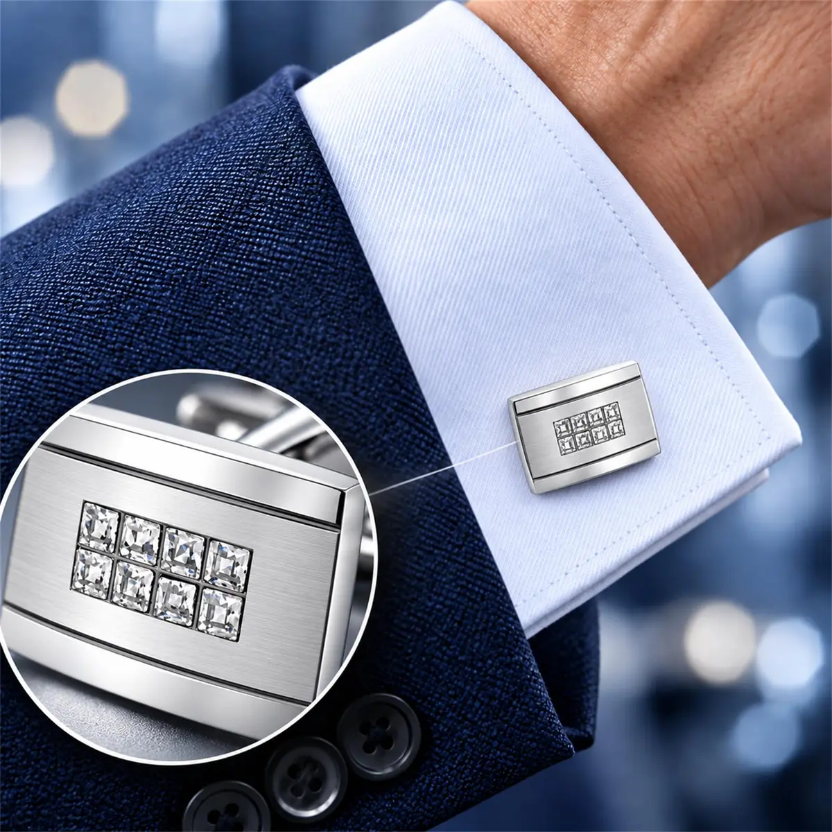 Mr.Van Rhodium-Plated Brass Cufflinks 0.70x0.48 Inch Rectangle with 8 Simulated Diamonds | Elegant Formal Accessory - view 2