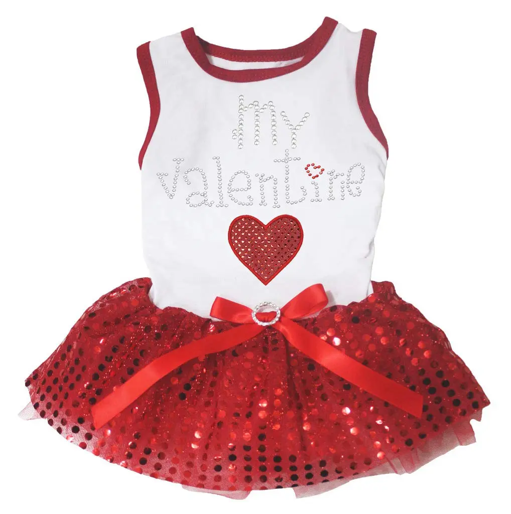 Petitebella My Valentine Heart Puppy Dog Dress White/Red Sequins Medium | Breathable Cotton Blend for Small Breeds - main product image