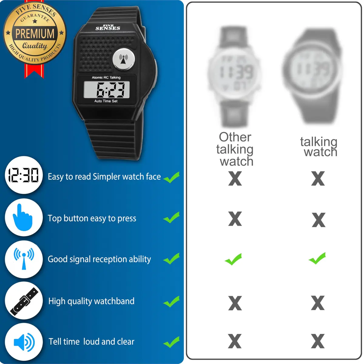 FIVE SENSES Atomic Talking Watch for Seniors & Visually Impaired | Self-Setting, Loud Voice, Easy to Use - view 5