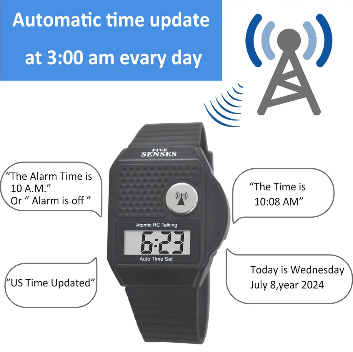 FIVE SENSES Atomic Talking Watch for Seniors & Visually Impaired | Self-Setting, Loud Voice, Easy to Use - view 3