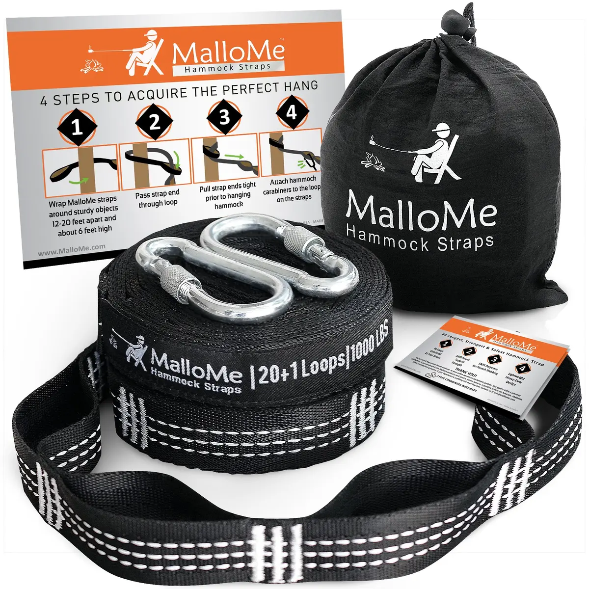 MalloMe Hammock Tree Straps with Carabiners - 12ft Heavy Duty Adjustable Swing Straps | 2-Pack, Black - main product image