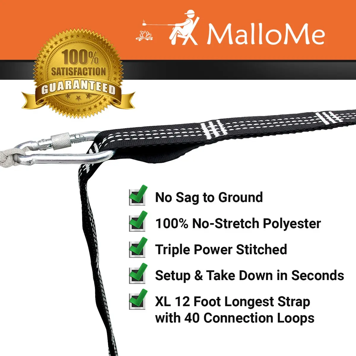 MalloMe Hammock Tree Straps with Carabiners - 12ft Heavy Duty Adjustable Swing Straps | 2-Pack, Black - view 2