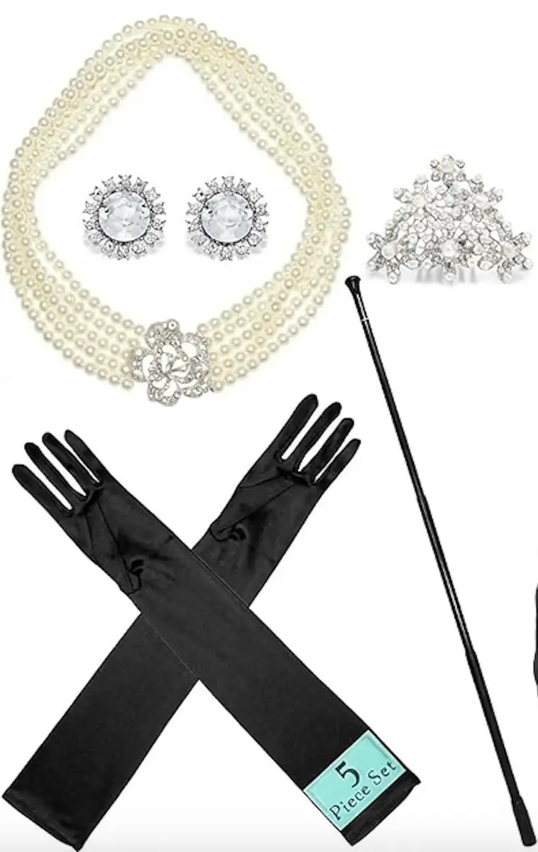Utopiat Audrey-Inspired 5 Piece Costume Jewelry Set with Pearl Necklace, Tiara, Gloves & Holder | Vintage Hollywood Glamour - main product image