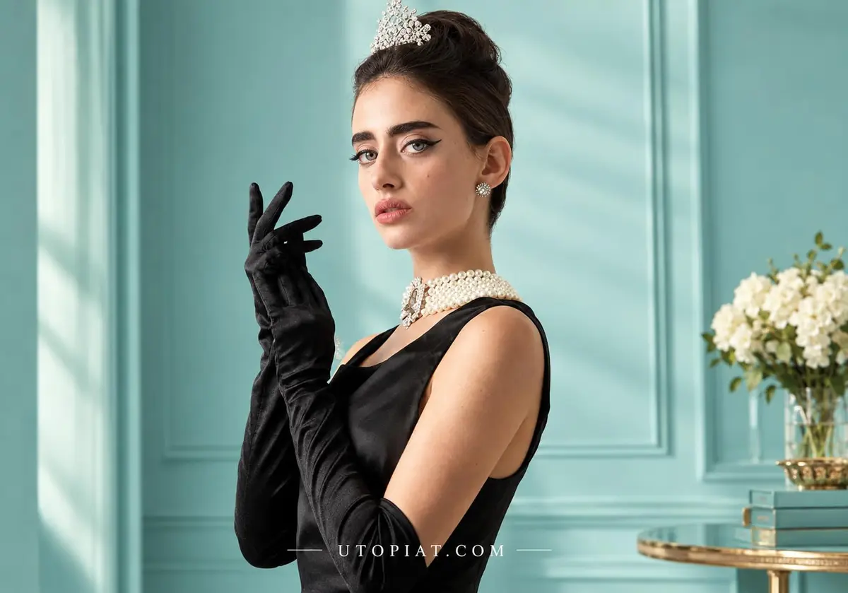 Utopiat Audrey-Inspired 5 Piece Costume Jewelry Set with Pearl Necklace, Tiara, Gloves & Holder | Vintage Hollywood Glamour - view 12